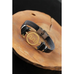 Gold Renk Metal Labirent Tasarım Siyah Renk Deri Erkek Bileklik - TJ-EB2555-KS