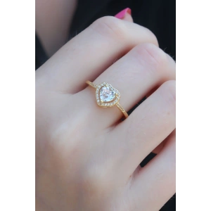 Gold Renk Zirkon Taşlı Kalp Model Charm Pirinç Kadın Yüzük - TJ-BYK2654