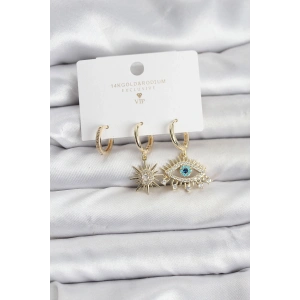Göz Model Gold Renk Pirinç 3lü Kadın Küpe Seti - TJ-BKP11439