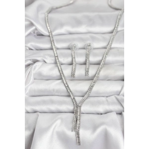 Gümüş Renk Baget Zirkon Taşlı Kadın Kolye Küpe Set - TJ-BKO10637