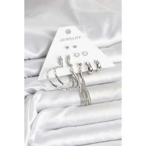 Gümüş Renk Pirinç 6 Çiftli Kadın Küpe Seti - TJ-BKP11331