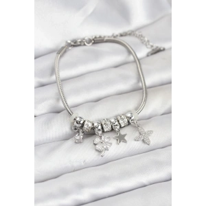 Gümüş Renk Pirinç Yonca Charmlı Kadın Bileklik - TJ-BB8202