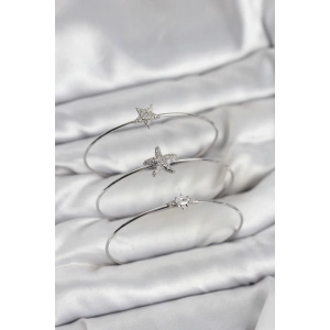 Gümüş Renk Zirkon Taşlı Deniz Yıldızı Model 3lü Kadın Bileklik Kombini