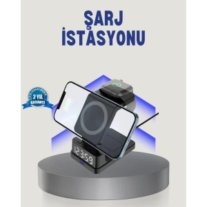 Kablosuz Şarj Cihazı ve Dijital Saat – 4’ü 1 Arada Hızlı Şarj, Apple Uyumlu, LED Işıklı Tasarım