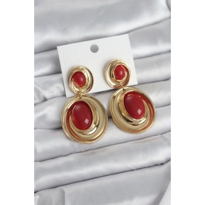 Kırmızı Sallantılı Damla Model Gold Renk Vintage Kadın Küpe