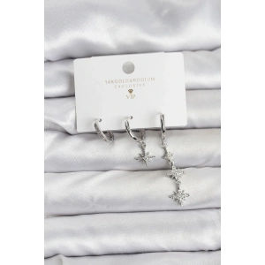 Kutup Yıldızı Model Gümüş Renk Pirinç 3lü Kadın Küpe Seti