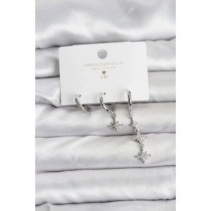 Kutup Yıldızı Model Gümüş Renk Pirinç 3lü Kadın Küpe Seti - TJ-BKP11444