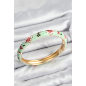 Mineli Pirinç Su Yeşili Çiçek Motifli Gold Kadın Kelepçe - TJ-BB7621