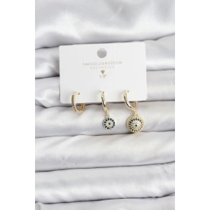 Nazar Model Gold Renk Pirinç 3lü Kadın Küpe Seti - TJ-BKP11441