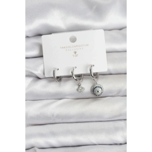 Nazar Model Gümüş Renk Pirinç 3lü Kadın Küpe Seti