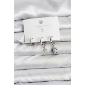 Nazar Model Gümüş Renk Pirinç 3lü Kadın Küpe Seti - TJ-BKP11442