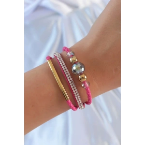 Pembe Renk Zirkon Taşlı Deri Çoklu Bileklik - TJ-BB6352