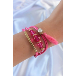 Pembe Zirkon Taşlı İpli Püskül Detay Çoklu Bileklik - TJ-BB6360