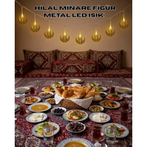 Pilli Minareli Hilal LED Işık Gold Metal Ramazan Dekorasyonu