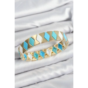 Pirinç Baklava Desenli Mavi Beyaz Gold Renk Lastikli Kadın Bileklik - TJ-BB7643