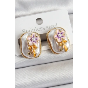 Pirinç Beyaz Mineli İnci Detaylı Çiçek Figürlü Sanatsal Portre Model Gold Renk Kadın Küpe