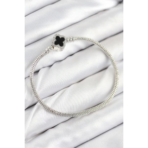 Pirinç Charm Zirkon Taşlı Yonca Model Gümüş Renk Kadın Bileklik - TJ-BB7800