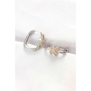 Pirinç Çift Renk Taşlı X Tasarımlı Dikdörtgen Küpe