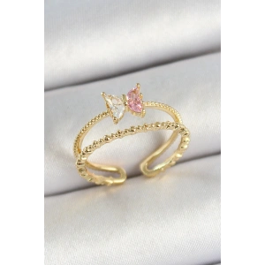 Pirinç Figürlü Zirkon Taşlı Gold Renk Ayarlanabilir Kadın Yüzük - TJ-BYK3766