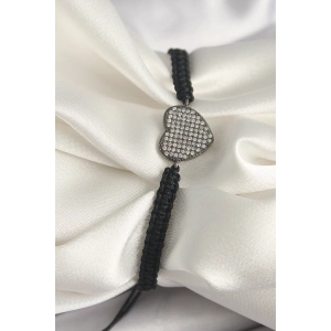 Pirinç Füme Renk Zirkon Taşlı Kalp Figür Asansörlü Makrome Model Kadın Bileklik