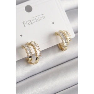 Pirinç Gold Renk 2Li Zirkon Taşlı Halka Model Kadın Küpe - TJ-BKP9975