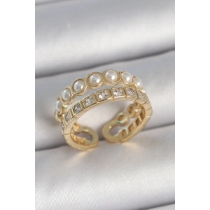 Pirinç Gold Renk 2Li Zirkon Taşlı Ve İncili Ayarlanabilir Kadın Yüzük - TJ-BYK3721