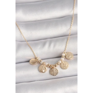 Pirinç Gold Renk 5Li Osmanlı Tuğra Figür İnci Detay Kadın Kolye - TJ-BKO9825