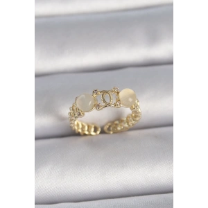 Pirinç Gold Renk Ayarlanabilir Zirkon Taşlı Beyaz Mineli Birleşik Halka Model Kadın Yüzük - TJ-BYK3402