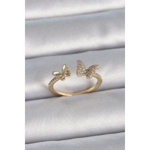 Pirinç Gold Renk Ayarlanabilir Zirkon Taşlı Kelebek Model Kadın Yüzük