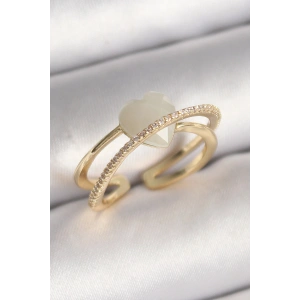 Pirinç Gold Renk Beyaz Kristal Kalp Model Zirkon Taş Detay Kadın Yüzük - TJ-BYK3644