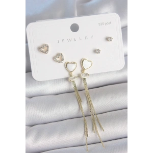 Pirinç Gold Renk Beyaz Mineli Sallantı Mineli Kalp Model Zirkon Taş Detaylı 925 Ayar Gümüş Çivi Kadın Küpe Seti