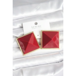 Pirinç Gold Renk Bordo Piramit Model Kadın Küpe - TJ-BKP11384