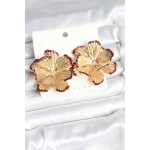 Pirinç Gold Renk Bordo Renk Detaylı Lotus Kadın Küpe