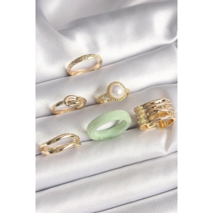 Pirinç Gold Renk Düğüm Model İncili İşlemeli Plaka Model 6Lı Kadın Yüzük Seti - TJ-BYK3621