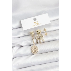 Pirinç Gold Renk Göz ve Kutup Yıldızı Model YSX Trio Küpe Seti