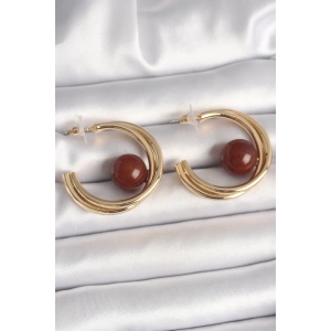 Pirinç Gold Renk Halka Model Kahverengi Boncuk Detay Kadın Küpe