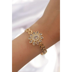 Pirinç Gold Renk İri Zirkon Taşlı Çiçek Figürlü Bileklik - TJ-BB6141