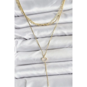 Pirinç Gold Renk Kalp Detaylı 3lü Kombin Y Kadın Kolye