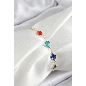 Pirinç Gold Renk Karışık Renk Damla Zirkon Taşlı Kadın Bileklik