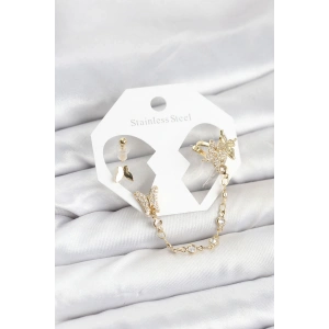 Pirinç Gold Renk Kelebek Model Zincir Bağlantılı Ear Cuff Küpe Seti