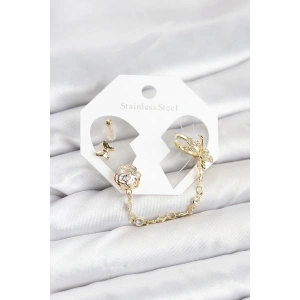 Pirinç Gold Renk Kelebekli Model Zincir Bağlantılı Ear Cuff Küpe Seti - TJ-BKP11543