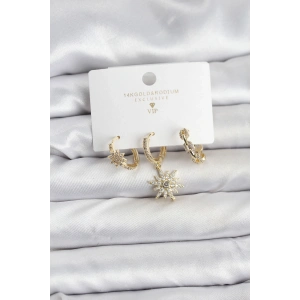 Pirinç Gold Renk Kutup Yıldızı Model 3lü Kadın Küpe Seti - TJ-BKP11447