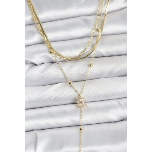 Pirinç Gold Renk Kutup Yıldızı Model Detaylı 3lü Kombin Y Kadın Kolye - TJ-BKO10694