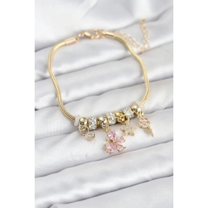 Pirinç Gold Renk Pembe Charmlı Kadın Bileklik - TJ-BB8205