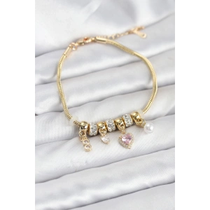 Pirinç Gold Renk Pembe Kalp Charmlı Kadın Bileklik - TJ-BB8191