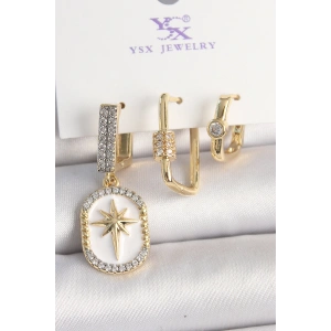Pirinç Gold Renk Sallantı Zirkon Taş İşlmeli Yıldız Portre Model 3Lü Kadın Kombin Küpe - TJ-BKP10452