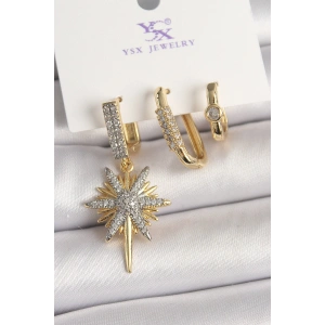 Pirinç Gold Renk Sallantı Zirkon Taşlı Kutup Yıldız Model 3Lü Kadın Kombin Küpe