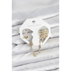 Pirinç Gold Renk Sarmal Model Zincir Bağlantılı Ear Cuff Küpe Seti