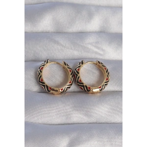 Pirinç Gold Renk Siyah Etnik Desenli Halka Küpe - TJ-BKP9073