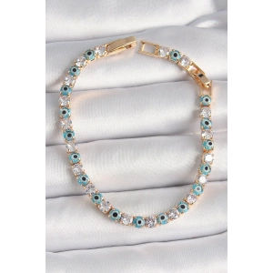 Pirinç Gold Renk Su Yolu Zirkon Taşlı Nazar Boncuklu Kadın Bileklik - TJ-BB6648